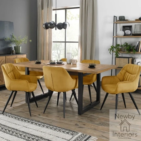 2003-4-40-VMU-6 - Indus Rustic Oak 6 to 8 Seater Extending Dining Set with 6 Dali Mustard Velvet Chairs