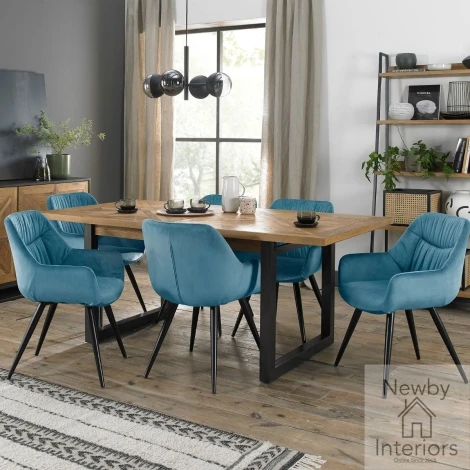 2003-4-40-VPB-6 - Indus Rustic Oak 6 to 8 Seater Extending Dining Set 6 Dali Petrol Blue Velvet Chairs