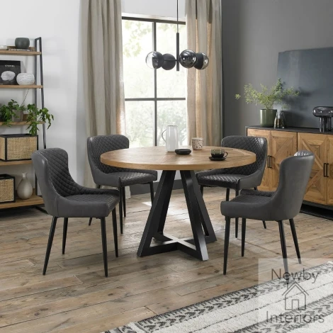 2003-9-01-FGY-4 - Indus Rustic Oak 4 Seater Dining Set with 4 Cezanne Dark Grey Faux Leather Chairs