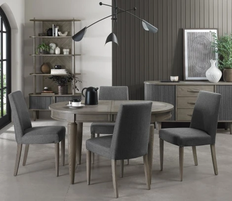 Monroe Silver Grey 4-6 Seater Table & 4 Upholstered Chairs in Slate Grey Fabric