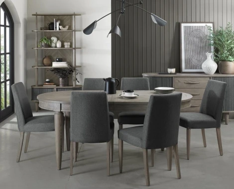 Monroe Silver Grey 6-8 Seater Table & 6 Upholstered Chairs in Slate Grey Fabric