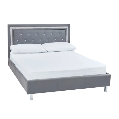 CRYSTGRE5.0* - 5'0 Grey Faux Leather & Crystal Bed King