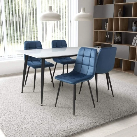 Monaco - Rectangle - 160cm/1.6m - Ceramic White - Marble Effect Finish - Dining Table & 4 Madison - Upholstered - Blue Velvet Fabric - Dining Chair