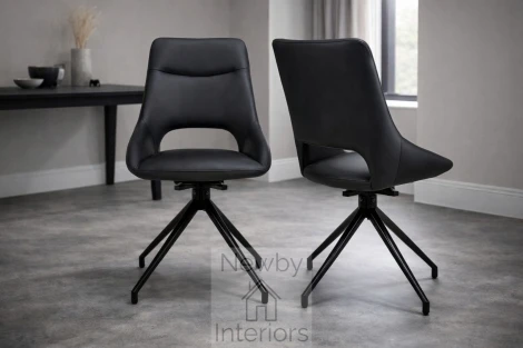 ACE-111-BK - Ace Black Leather Effect Swivel Dining Chair, Black Metal Legs (Pair)