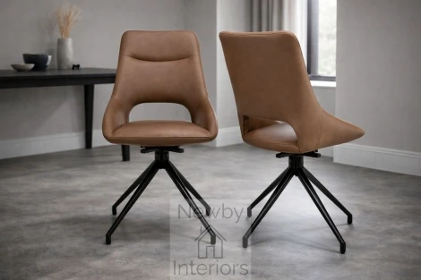 ACE-111-TN - Ace Tan Leather Effect Swivel Dining Chair, Black Metal Legs (Pair)