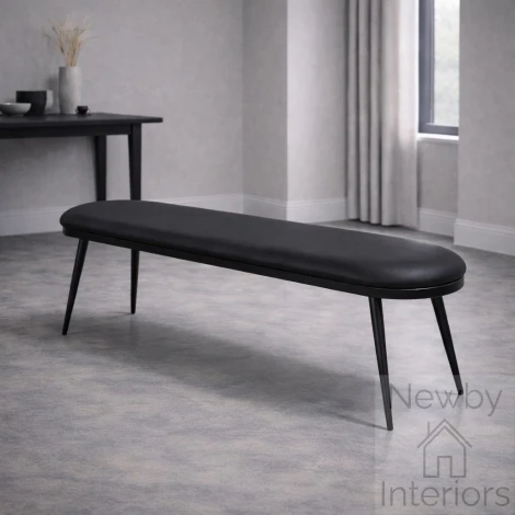 ACE-169-BK - Ace Black Leather Effect Round Edge Bench, Black Metal Legs