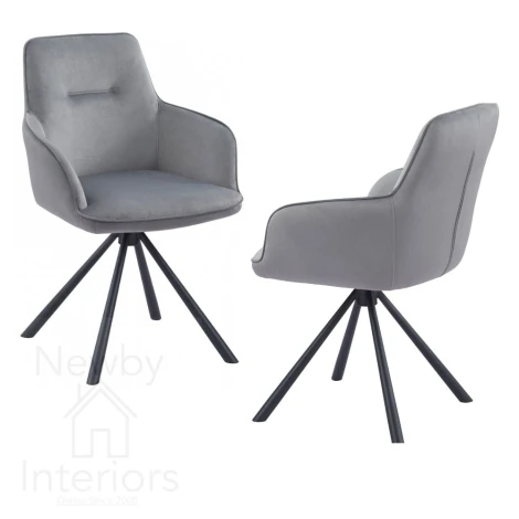 CH-355GR - Amalia - 2x Grey Velvet Swivel Dining Arm Chairs - Matt Black Steel Spider Legs