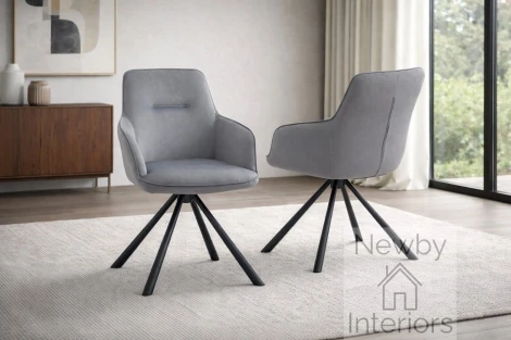 CH-355GR - Amelia Grey Velvet Swivel Dining Chair With Arms Black Spider Legs (Pair)