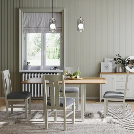 Arlena - Oak Flip Top 85cm to 170cm/.85m to 1.70m Extending Dining Table and 4 Upholstered Seat Pad Dining Chair - Grey Painted Finish