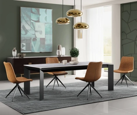 NH-TB-ARMANDO-AG-MAT-DC-VALI-BRN-BL - Armeno Matte Grey Ceramic Side Extending Dining Table & 4 Brown PU Dining Chairs (160 to 220cm)