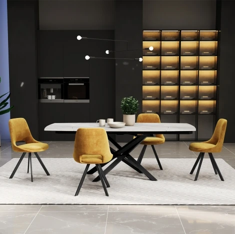 NH-TB-ENZO-AG-MAT-DC-KASPER-MS-BL - Argento Matte Grey Ceramic Swivel Extending Dining Table & Mustard Chairs (120cm to 180cm)