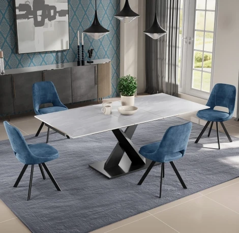NH-TB-RENATO-AG-MAT-DC-KASPER-BLU-BL - Argento Matte Grey Ceramic Swivel Extending Dining Table & Blue Chairs (120cm to 180cm)