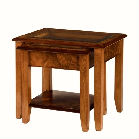 Reproduction Burr Walnut Glass 2 Tier Nest of Tables