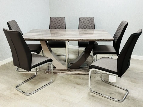 AD390 - Atlantis Brown Marble Effect 160m Dining Table Set with 6 Chairs