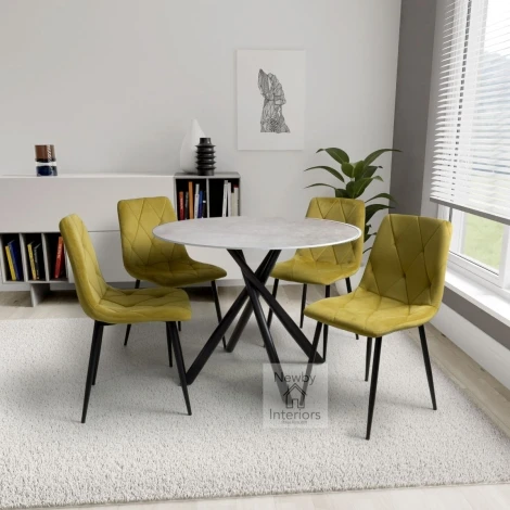 935-161-09-15-4 - Avesta Grey Marble Effect Dining Set with 4 Vernon Yellow Chairs