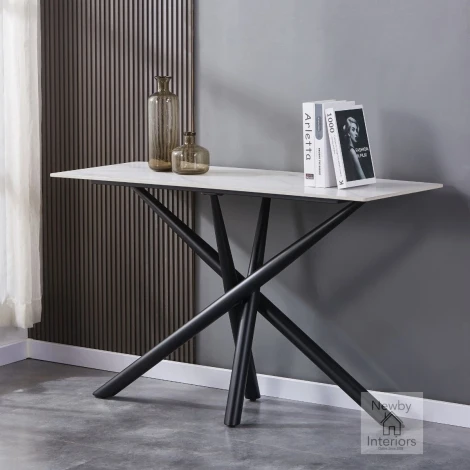 998-07-12 - Avesta White Ceramic Top Console Table with Cross Frame Legs