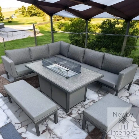 BW-14-Grey - Aviva Aluminium Fire Pit Corner Dining Set in Grey 