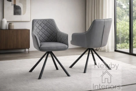 CH-177GR - Azure Grey PU Leather Swivel Dining Chair With Arms Diamond Stitched & Black Spider Leg Base (Pair)