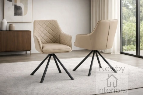 CH-177MI - Azure Mink PU Leather Swivel Dining Chair With Arms Diamond Stitched & Black Spider Leg Base (Pair)