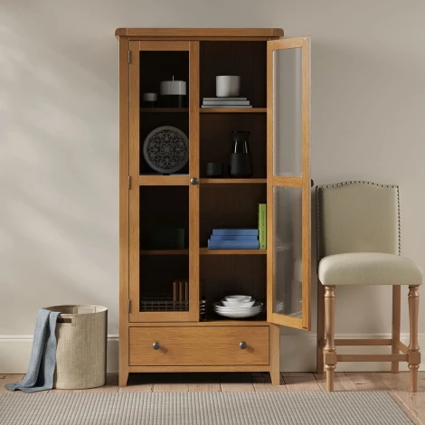 NH-LTL-30 - Barston Bartley Oak - 2 Door 1 Drawer Display Cabinet - Matt Lacquer Finish