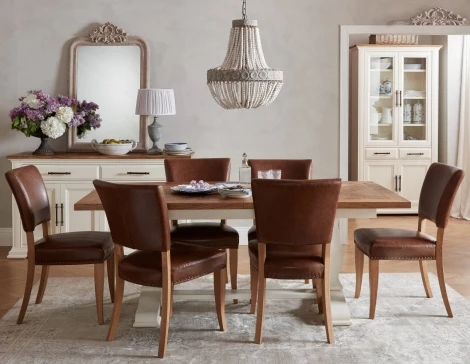 Belgrave Two Tone 6-8 Seater Table & 6 Oak Chairs in Rustic Tan Faux Leather
