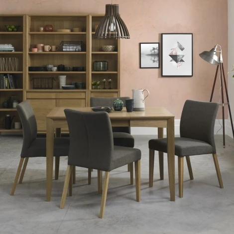 Bergen Oak 2-4 Seater Table & 4 Upholstered Chairs in Black Gold Fabric