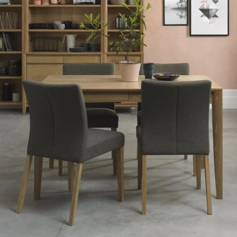 Bergen Oak 4-6 Seater Table & 4 Upholstered Chairs in Black Gold Fabric