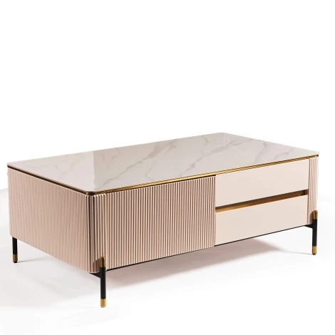 9-RIB-8803-BEL-WHT-GLD-COF - Bella White & Gold 2 Dr Coffee Table Gold Accents