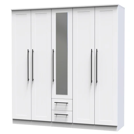 BEV191-WM-WM - Beverley White Matt Tall 5 Door 2 Drawer Centre Mirror Wardrobe