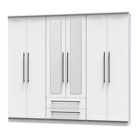 BEV192-WM-WM - Beverley White Matt Tall 6 Door 2 Drawer Centre Mirror Wardrobe