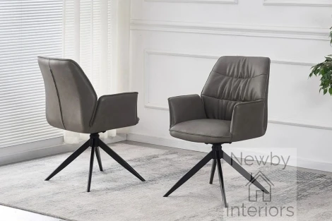 CH-254SG - Berlish Grey PU Leather Swivel Dining Chair With Arms Pleated Back & Black Spider Leg Base (Pair)