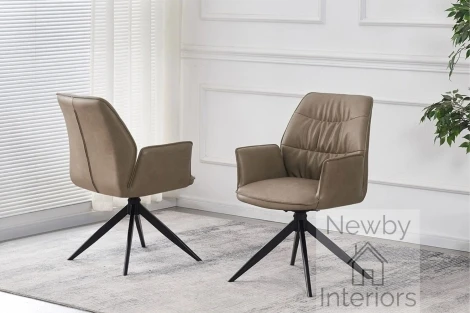 CH-254TA - Berlish Taupe PU Leather Swivel Dining Chair With Arms Pleated Back & Black Spider Leg Base (Pair)