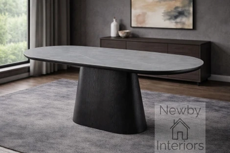 DT-311/BG - Belize Sintered Stone Dining Table 200cm Oval Grey Top Black Base – Matt