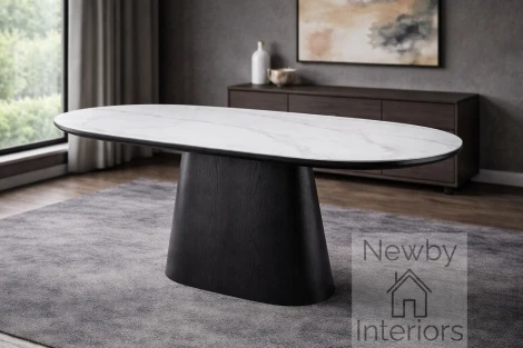 DT-311/BLW - Belize Sintered Stone Dining Table 200cm Oval White Top Black Base – Matt