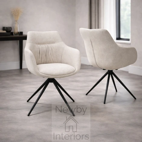 Boden Natural Fabric Swivel Dining Armchair, Black Metal Legs (Pair)