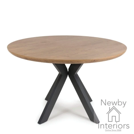 Boston Rustic Oak 1.2m Round Dining Table Black Metal Legs