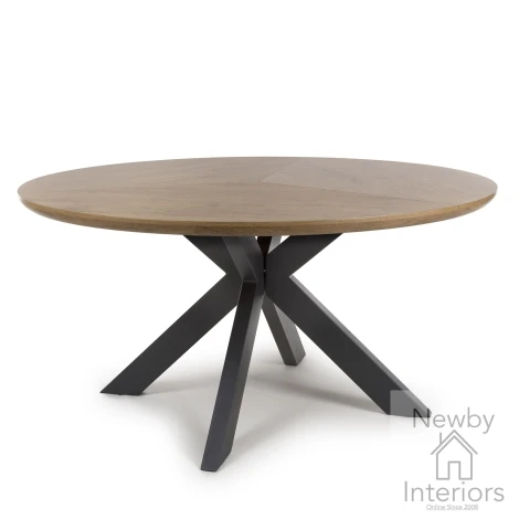 Boston Rustic Oak 1.5m Round Dining Table Black Metal Legs