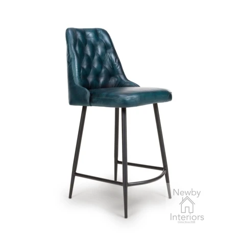BRA-240-BL - Bradley Blue Buffalo Leather Counter Chair with Black Metal Legs (Pair)