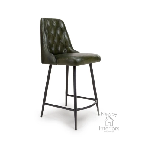 BRA-240-GN - Bradley Green Buffalo Leather Counter Chair with Black Metal Legs (Pair)