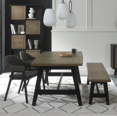 6048-2-09ADG2-61 - Camden Weathered Oak 4-6 Seater Table & 2 Arm Chairs in Dark Grey Fabric & Small Bench