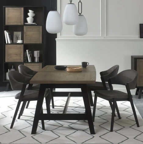 6048-2-09U-DGY4 - Camden Weathered Oak 4-6 Seater Table & 4 Side Chairs in Dark Grey Fabric