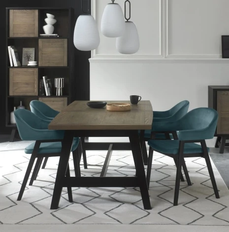 6048-2-09UA-VAZ4 - Camden Weathered Oak 4-6 Seater Table & 4 Arm Chairs Azure Velvet
