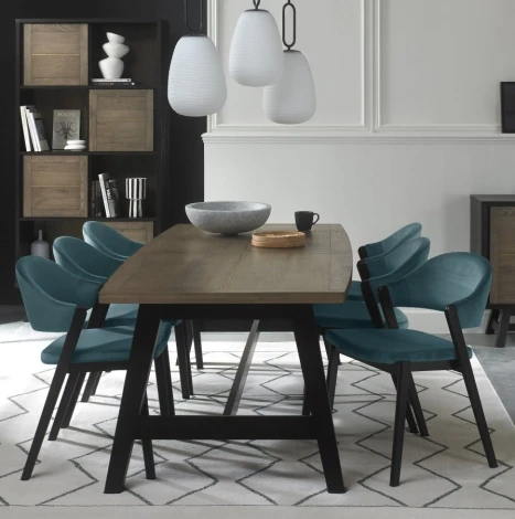 6048-3-09U-VAZ6 - Camden Weathered Oak 6-8 Seater Table & 6 Side Chairs Azure Velvet