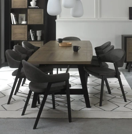 6048-3-09U6-A2DG - Camden Weathered Oak 6-8 Seater Table & 6 Side & 2 Arm Chairs in Dark Grey Fabric