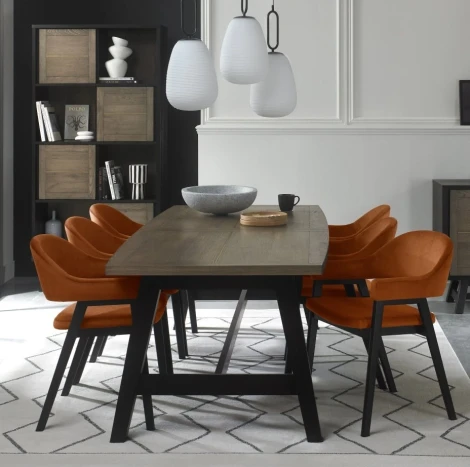 6048-3-09UA-VRU6 - Camden Weathered Oak 6-8 Seater Table & 6 Arm Chairs in Rust Velvet