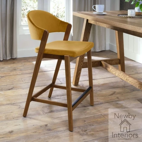 6049-09BSU-VMU-S - Camden Mustard Velvet Fabric Bar Stool with Rustic Oak Frame