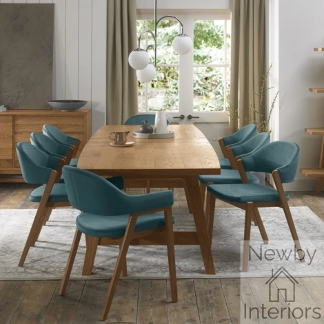 Camden Rustic Oak 6-8 Seater Table & 6 Side & 2 Arm Chairs Azure Velvet