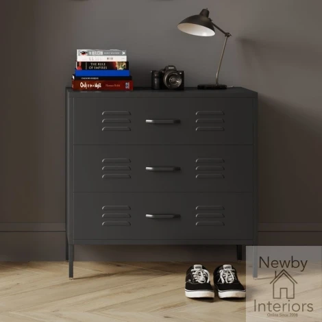 CALBLACHE - Caleb Black Metal Locker Style 3 Drawer Chest with Air Vent