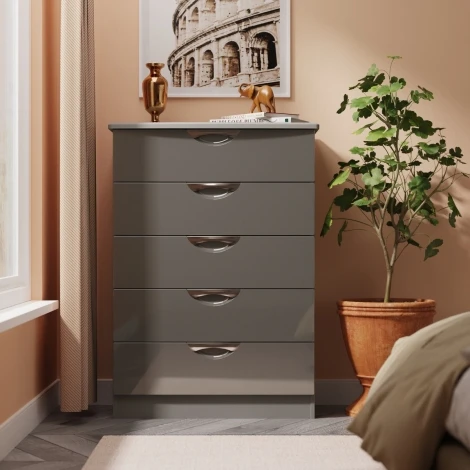 CAM012-GG-DG - Camden Grey Gloss & Dusk Grey 5 Drawer Chest