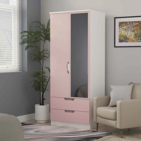 CAM062-KP-WM - Camden Kobe Pink & White Matt 2 Door 2 Drawer Double Mirrored Wardrobe